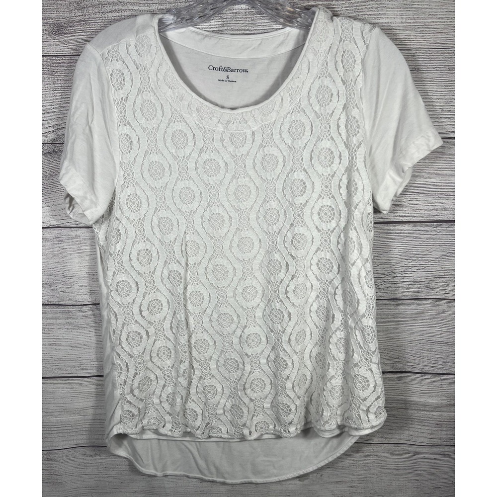 Womens Croft & Barrow White Lace Blouse Shirt Top Short Sleeve Size Small